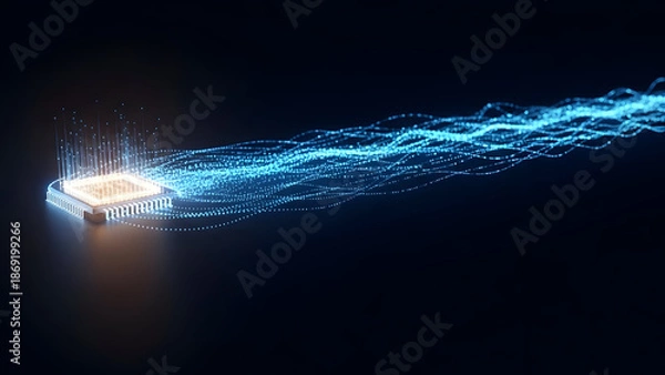 Fototapeta Microchip emitting glowing data stream, representing fast data processing and futuristic technology