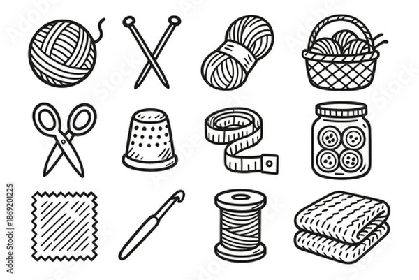 Obraz Yarn icon needles scissors spool vector blanket knitting tools fabric skein button