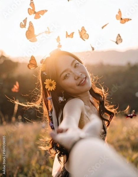Obraz 蝶が舞う自然の中で花の髪飾りをした女性が手を繋ぎ微笑む