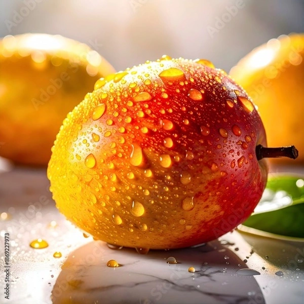 Obraz Ripe Mango With Water Drops On Table
