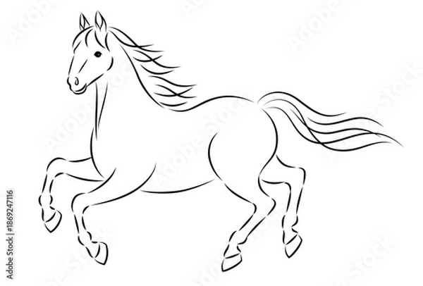 Obraz 走っている美しい白馬のイラスト 墨絵風でお洒落な午年の年賀状素材 ベクター