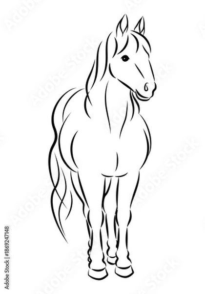 Obraz 美しい白馬の立ち姿のイラスト 墨絵風でお洒落な午年の年賀状素材 ベクター