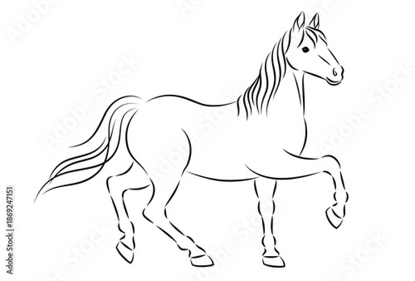 Obraz 歩いている美しい白馬のイラスト 墨絵風でお洒落な午年の年賀状素材 ベクター