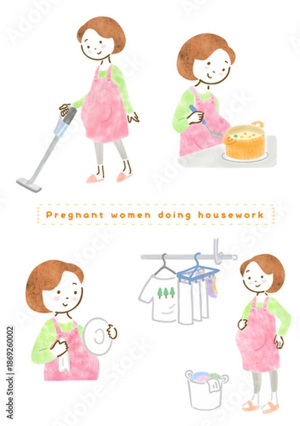 Obraz 笑顔で家事をするエプロンをつけた妊婦さんのイラストセット