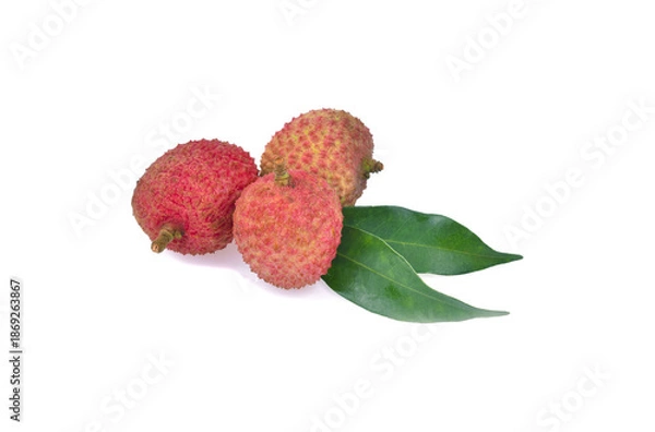 Obraz Lychee with leaves isolated on white background.