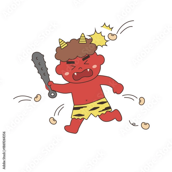 Obraz 節分のイラスト素材　豆をぶつけられる赤鬼