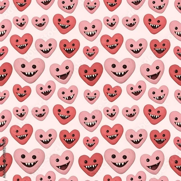 Obraz Cute cartoon hearts with scary faces pattern