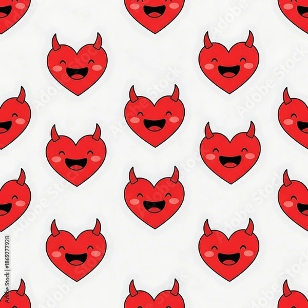 Obraz Happy devil heart emoji pattern on white background