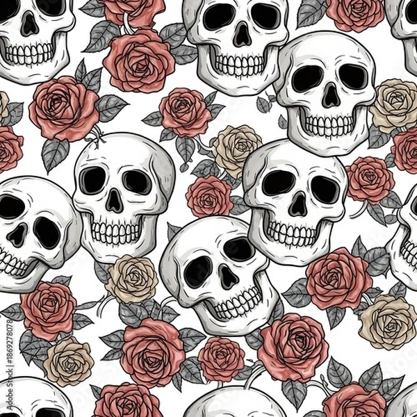Obraz Skulls and roses pattern illustration
