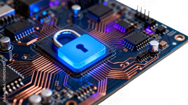 Obraz Secure Circuit Board with Blue Padlock Encryption