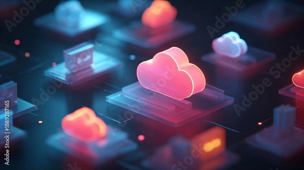 Obraz cloud computing concept abstract minimal floating data icons glowing