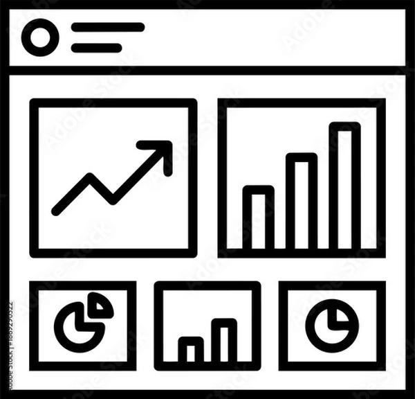 Obraz Analytics Dashboard Icon, Black and White Web Interface with Charts and Data Visualization Panels
