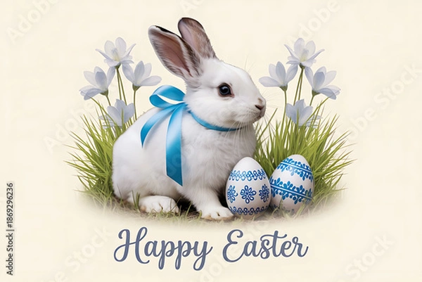 Obraz White Easter bunny with easter eggs and flowers