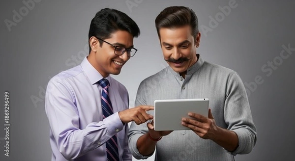 Fototapeta Two Indian Men Collaborating Digitally on Tablet Device
