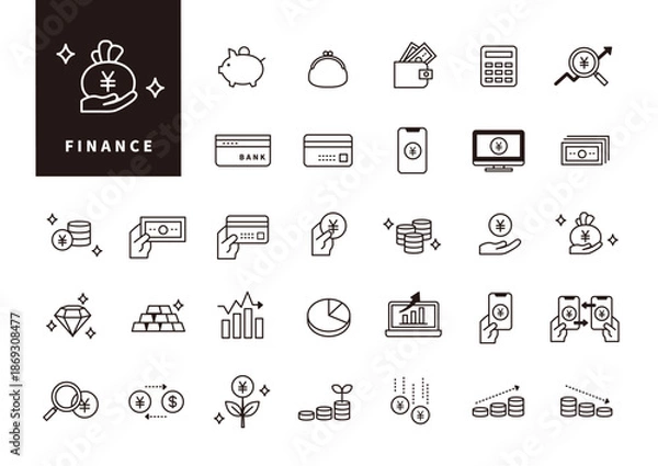 Fototapeta 資産管理や決済を説明するための金融フラットアイコン素材集（UI・資料向け）黒線アウトライン