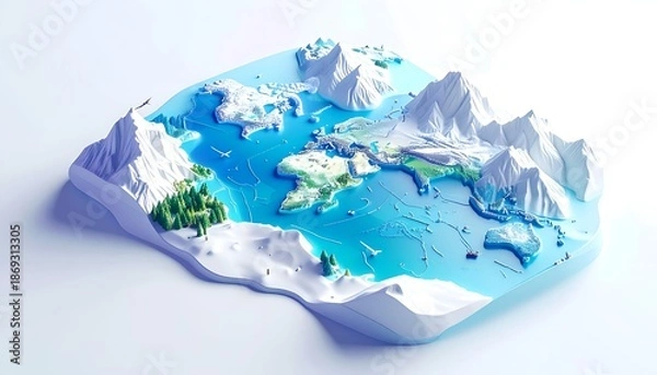 Obraz Isometric world map with mountains, oceans, and forests, 3D rendering
