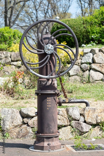 Obraz 公園に設置された災害対策用の手押しポンプと錆びた鉄の質感（非常用井戸・飲用不可・雨水利用）