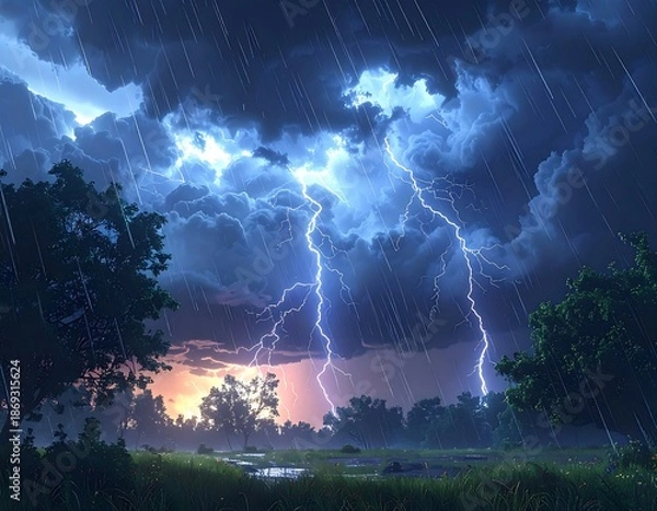Obraz Dramatic lightning strikes across a rural landscape during a storm