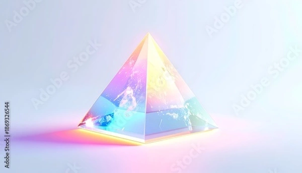 Obraz Rendered prism pyramid glowing, refracting light. White background