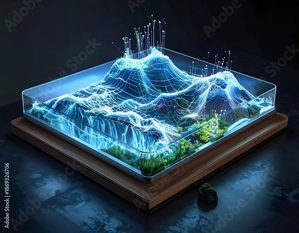 Obraz Illuminated landscape within a glass cube, data visualization