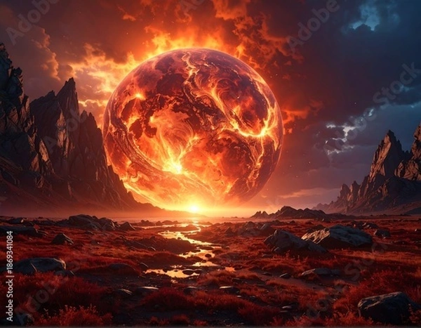 Obraz Fiery celestial orb hangs over a desolate, red-hued landscape