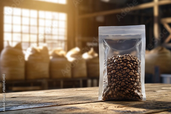 Obraz Roasted coffee beans packaging on rustic warehouse table