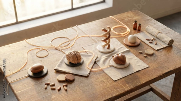 Obraz Wooden anatomical models on a table with strings