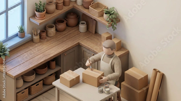 Obraz Person packaging items on a white table in a kitchen setting