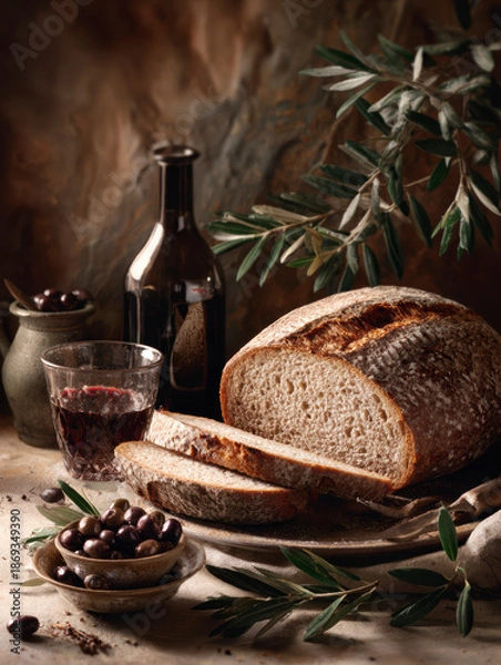 Obraz Rustic Mediterranean Bread Still Life – Generative AI
