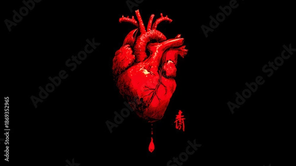 Fototapeta Red heart on a solid black background.