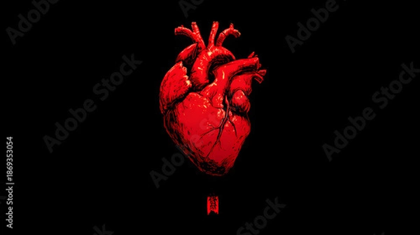 Fototapeta Red heart on a solid black background.