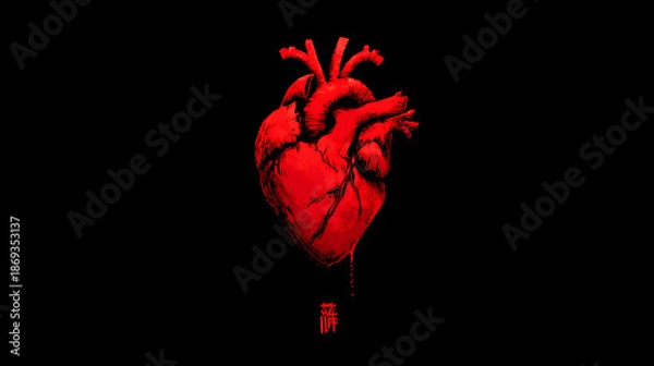 Fototapeta Red heart on a solid black background.