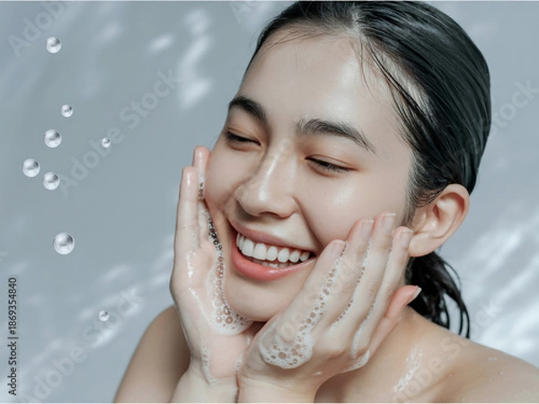 Fototapeta 洗顔する女性　Generative AI