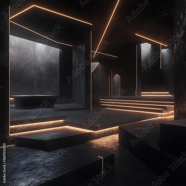 Obraz Dark, futuristic interior with glowing lines