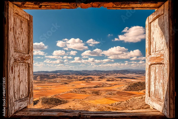 Fototapeta Spring view from a rustic window overlooking rolling hills and fields Generative AI