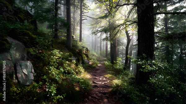 Obraz Magical Forest with Sun Rays and Mossy Path
