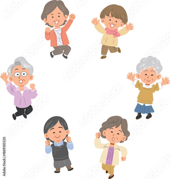 Obraz 輪になってジャンプする6人のシニアの女性