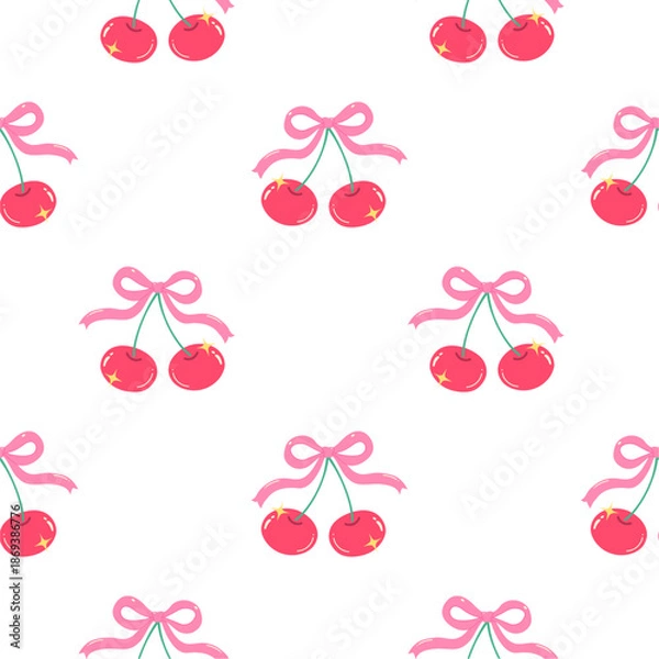 Fototapeta Seamless red cherry pattern design, flat cherry pattern template vector. 
