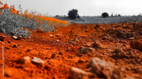Obraz Vibrant red soil under cloudy sky