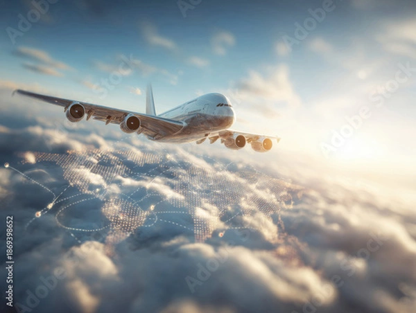Obraz Airplane soaring above clouds during sunset with digital connect