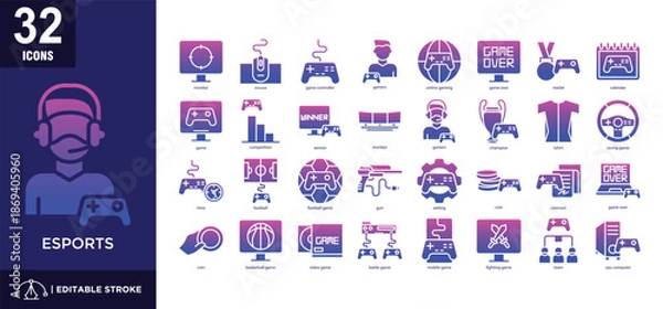 Obraz Esports glyph gradient icon set	