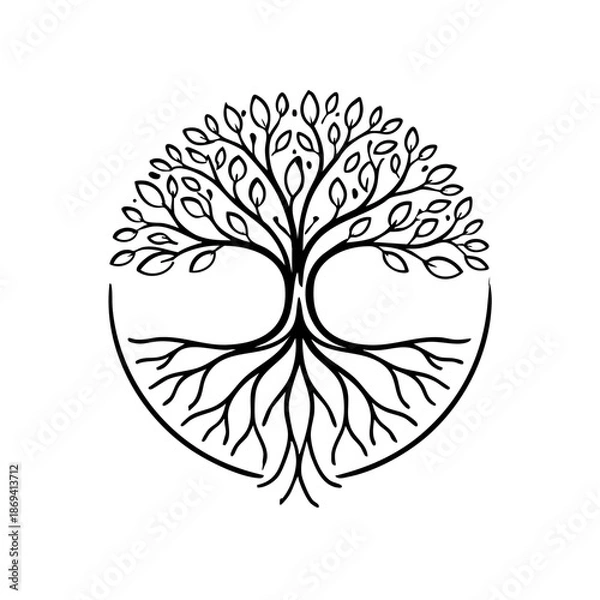Obraz Minimal monoline tree with visible roots emblem, smooth continuous lines