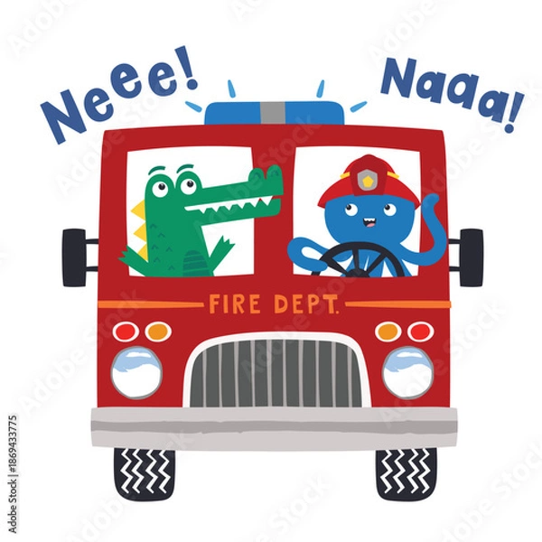 Obraz Fire Engine With Cartoon Animals