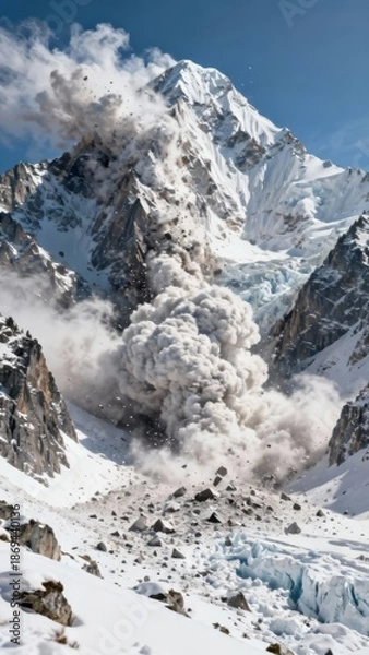 Obraz Dramatic mountain avalanche with massive snow dust cloud and collapsing peak