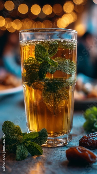Obraz Moroccan mint tea refreshing drink with dates