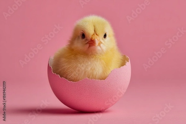 Fototapeta Small yellow chick hatching from a bright pink Easter egg