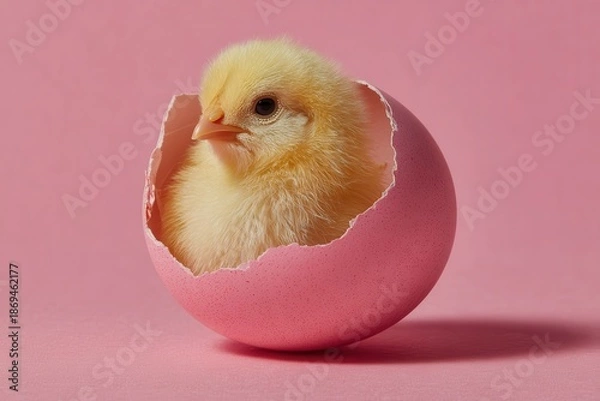 Fototapeta Small yellow chick hatching from a bright pink Easter egg