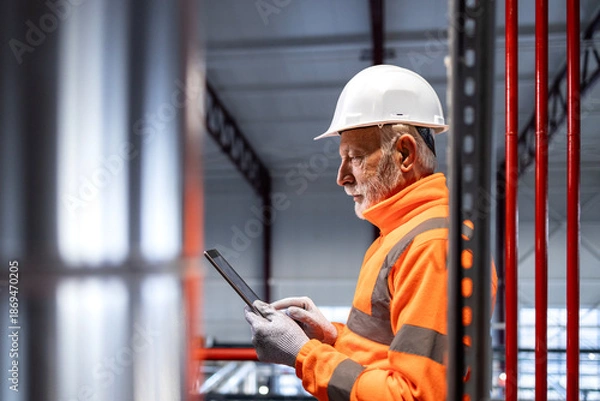 Obraz Senior engineer using tablet in industrial facility