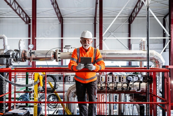Obraz Senior engineer working with tablet in industrial facility