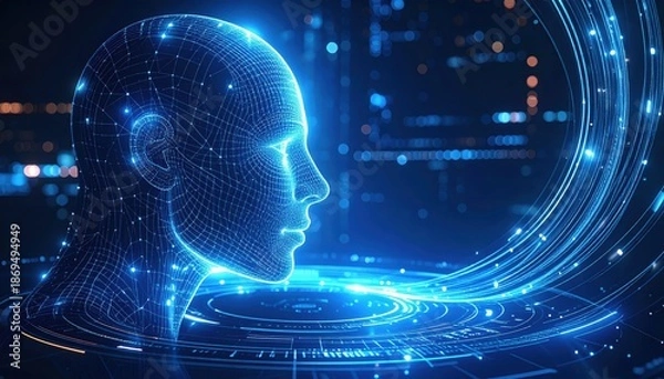 Obraz Artificial Intelligence: Conversational AI network illustrated through light trails
